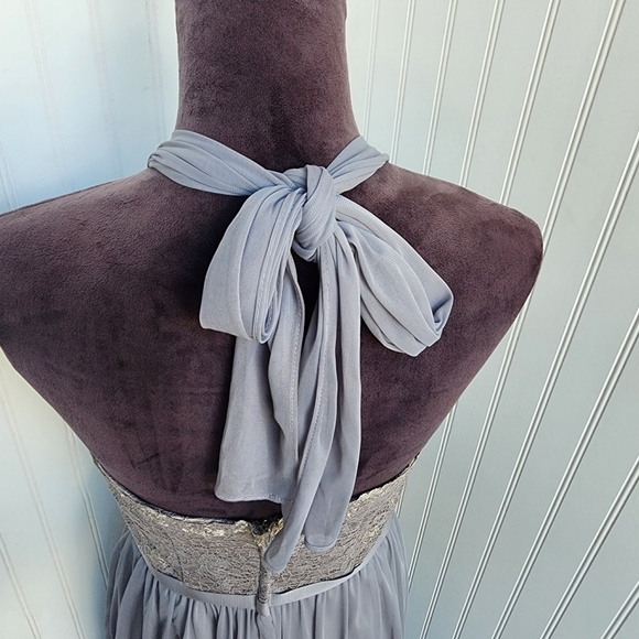DAVIDS BRIDAL Silver Gray Bridesmaid Halter Tie Strapless Dress Nylon Mesh Sz 4 - Picture 8 of 14